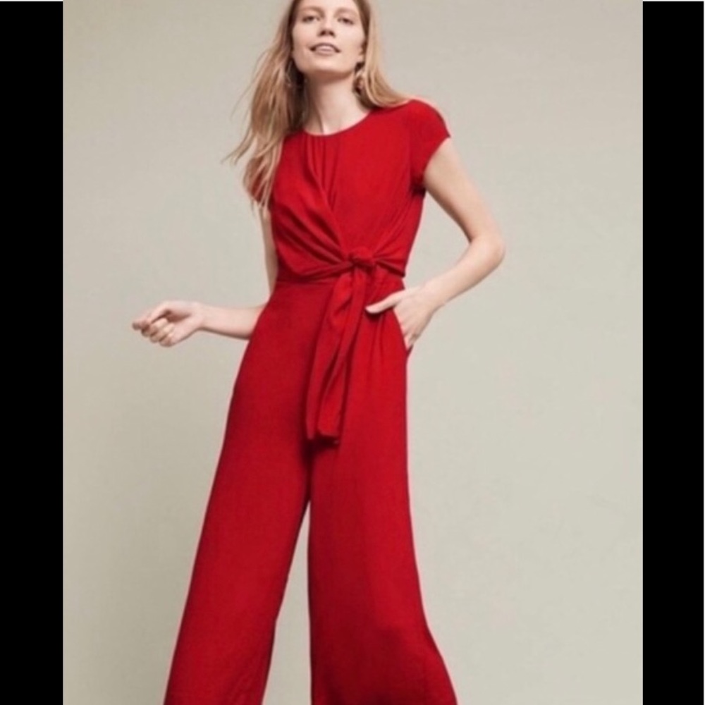 Anthropologie Maeve Red Wide Leg Tie Front Jumpsuit, sz 2